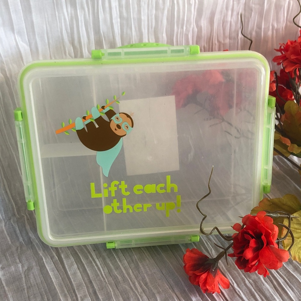 SLOTH themed rectangle Tupperware like container food storage with 3 sections